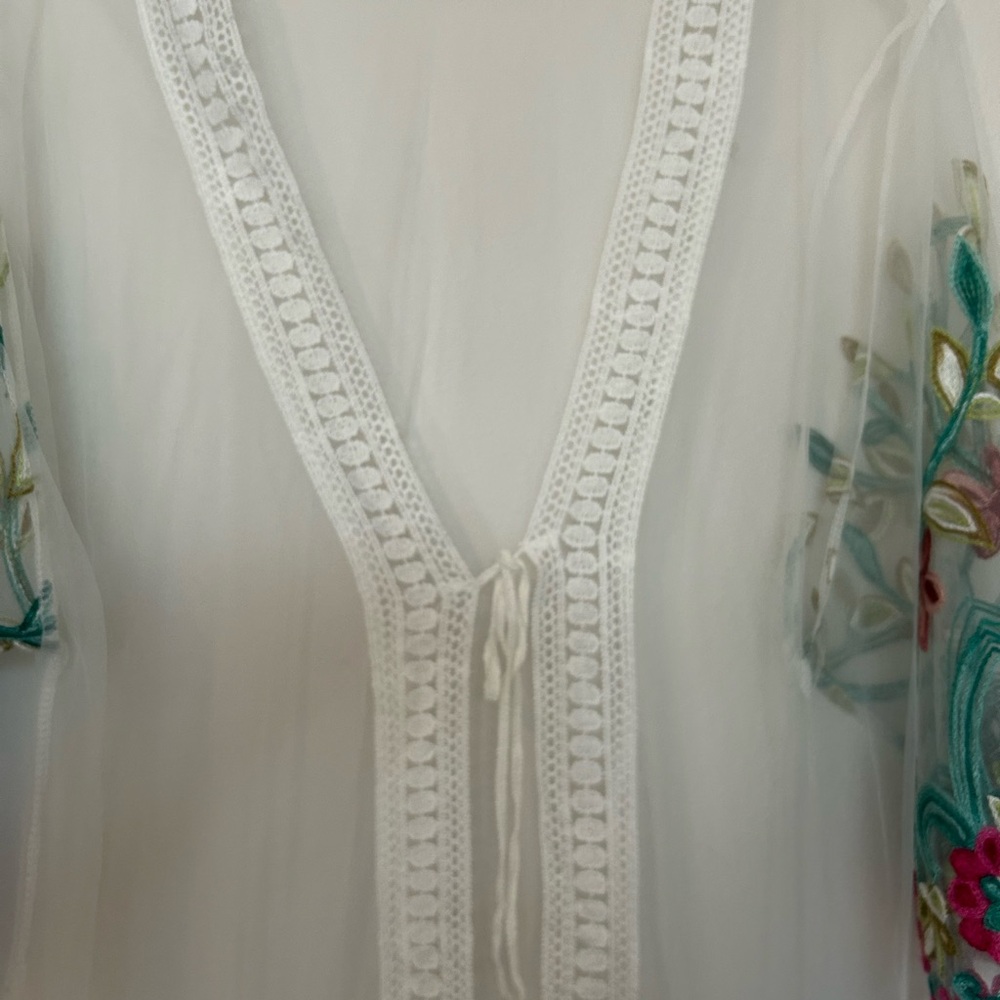 Embroidered Sheer Swim Coverup with Fringe - Picture 2 of 7